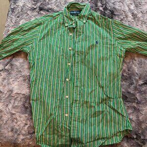Green, Blue, and Yellow Striped Mens' Polo Ralph Lauren Button Up shirt.